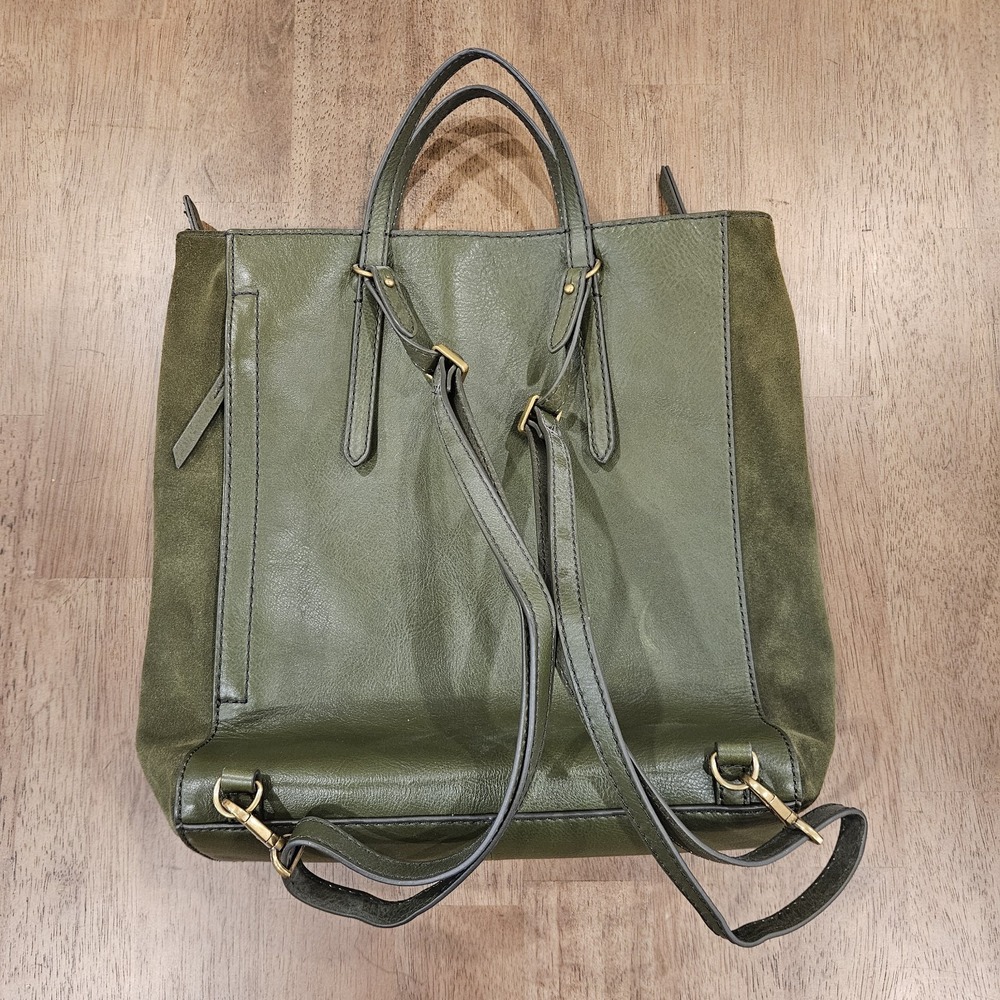 Fossil Leather Convertible Backpack Purse Tote Olive Green Suede Sides - Picture 2 of 8